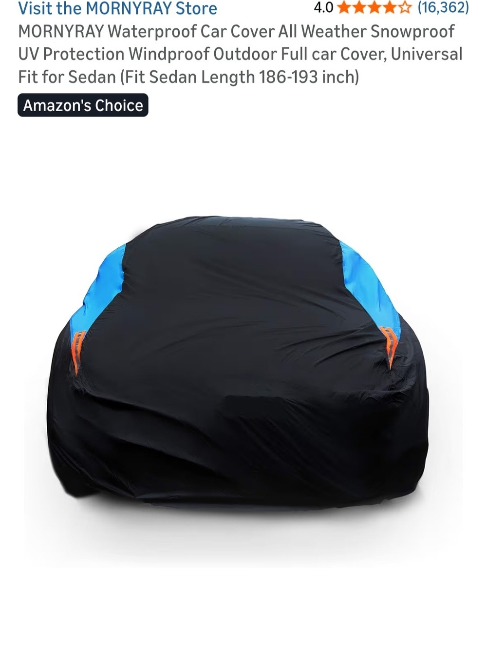 Black Car Cover with Blue Side Panels and Orange Accents